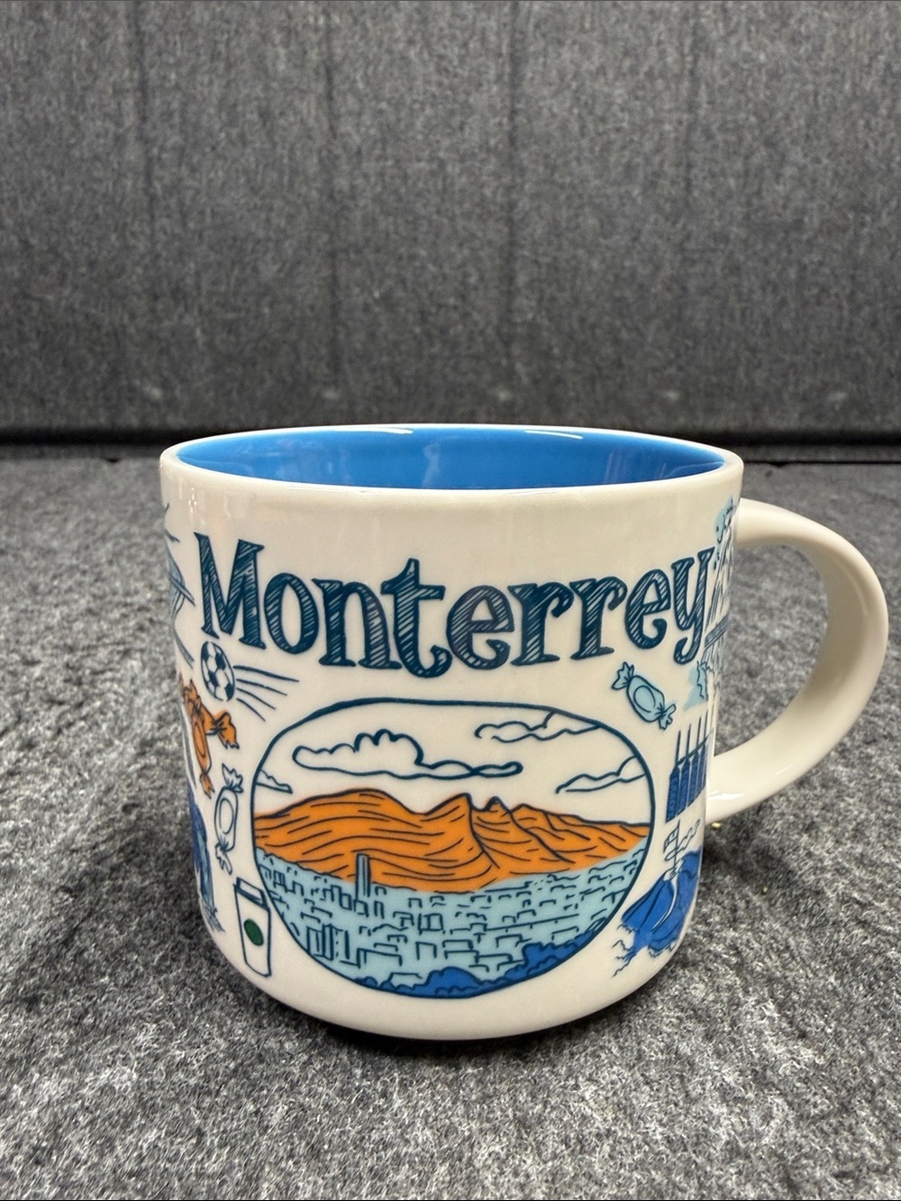 Starbucks Monterrey Ceramic Mug - Blue Interior, Orange Artwork
